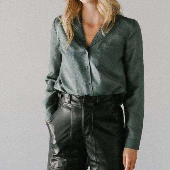 JUST Female Mae Shirt Jade Green Shiny Texture Button Up Long Sleeve Blouse - Picture 1 of 15